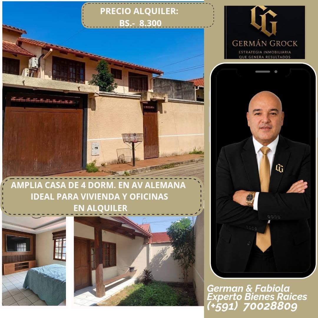 CASA AMPLIA EN ALQUILER, IDEAL PARA EMPRESAS O VIVIENDA, ZONA NORTE AV ALEMANA ENTRE 2DO Y 3ER ANILLO