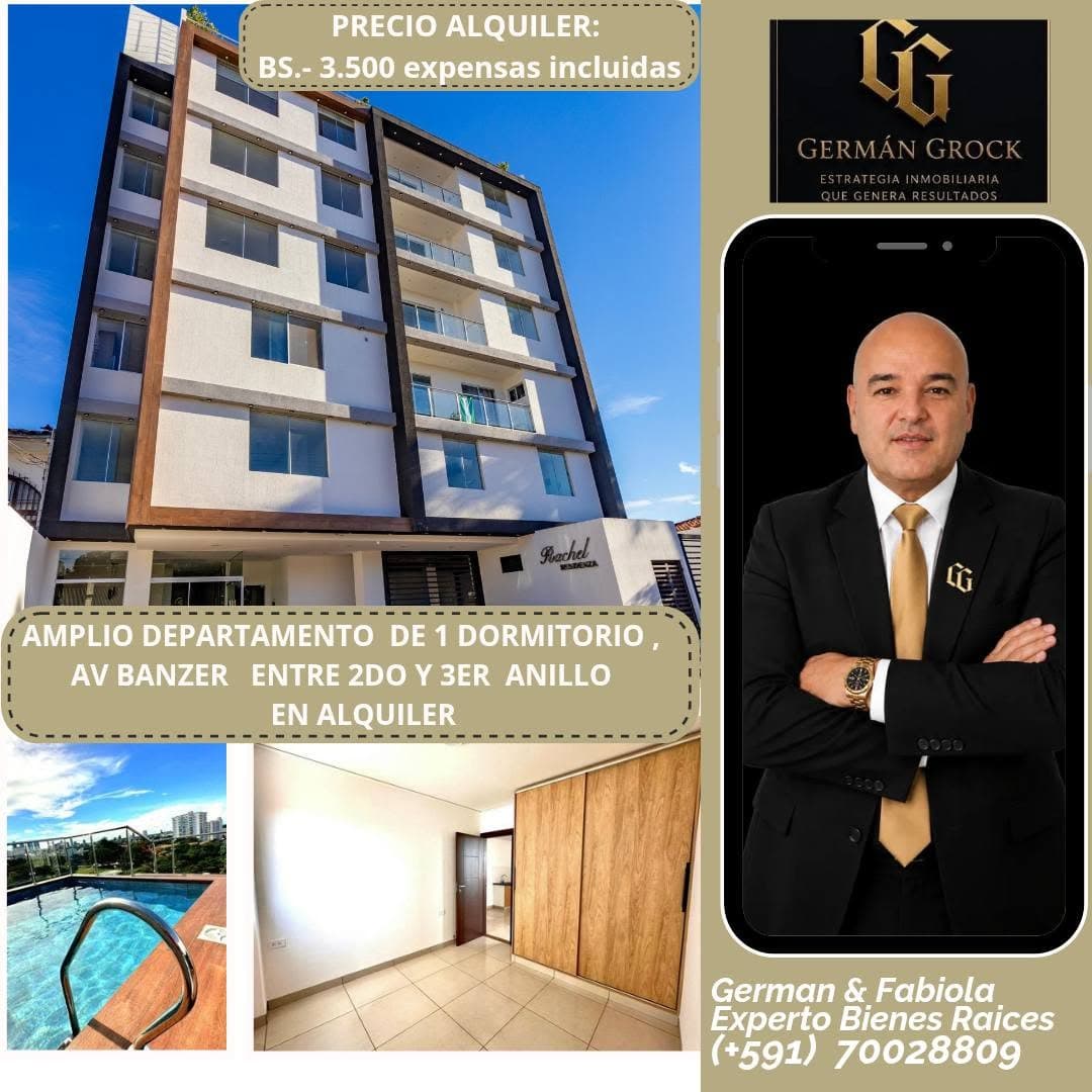MODERNO DEPARTAMENTO DE 1 DORM Y DOS BAÑOS EN ALQUILER, AV BANZER ENTRE 2DO Y 3ER AN. IDEAL PARA EJECUTIVOS,ABOGADOS,UNIVERSITARIOS