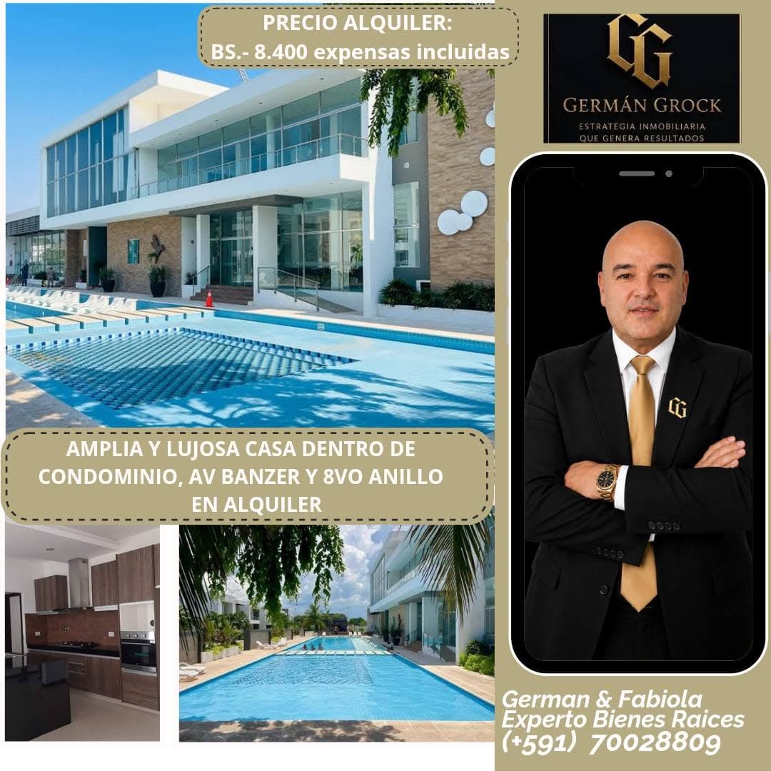 EN CONDOMINIO JARDINES DEL NORTE, CASA MODERNA EN ALQUILER,ZONA NORTE AV BANZER