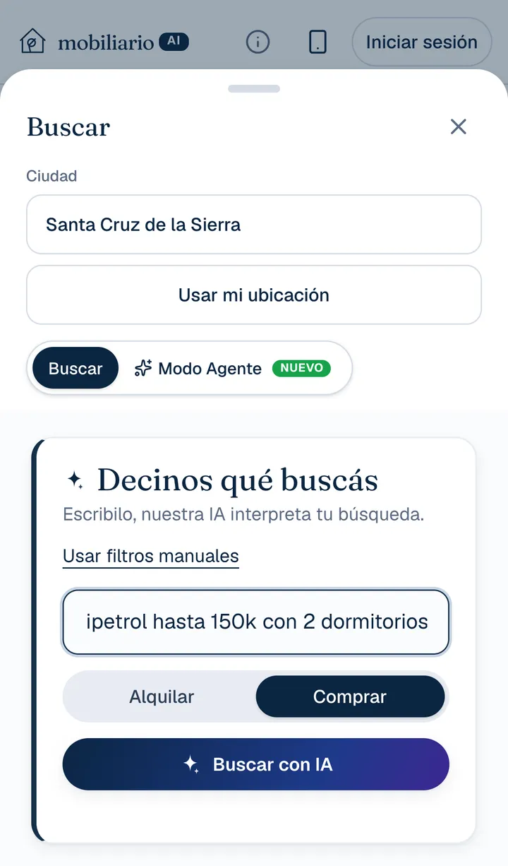Panel Buscar con el recuadro Decinos qué buscás, el texto «Departamento en Equipetrol hasta 150k con 2 dormitorios», Comprar seleccionado y el botón Buscar con IA.