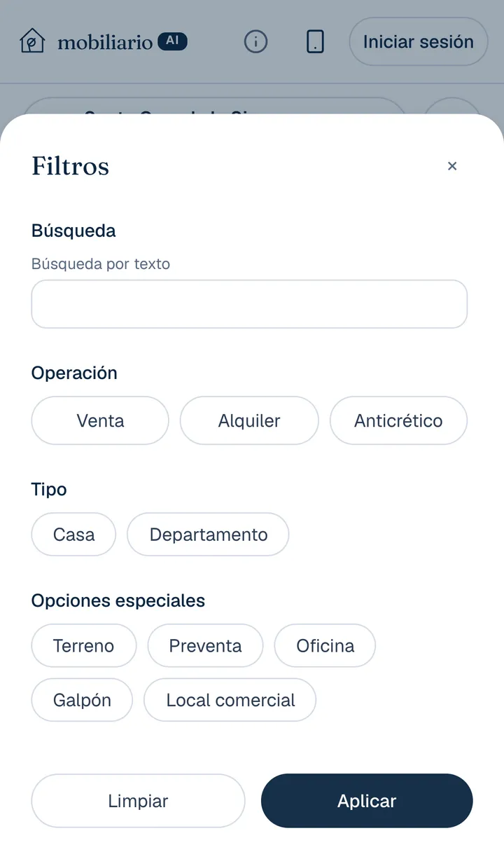 Panel Filtros con búsqueda por texto, Operación (Venta, Alquiler, Anticrético), Tipo, Opciones especiales y los botones Limpiar y Aplicar.