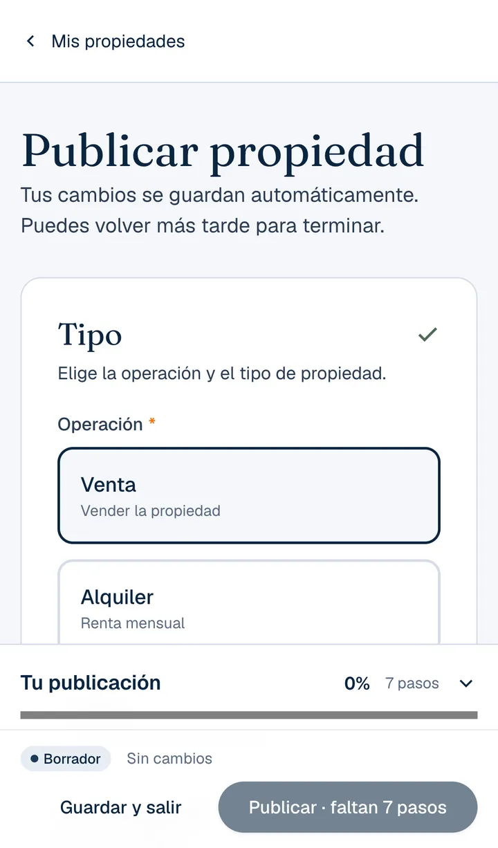 Formulario Publicar propiedad: sección Tipo con Venta seleccionada y, abajo, la barra Tu publicación con el botón Publicar · faltan 7 pasos.