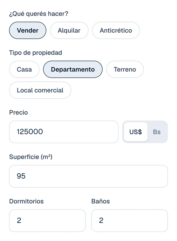 Paso 2: Vender y Departamento seleccionados, precio 125000 en US$, superficie 95 m², 2 dormitorios y 2 baños.