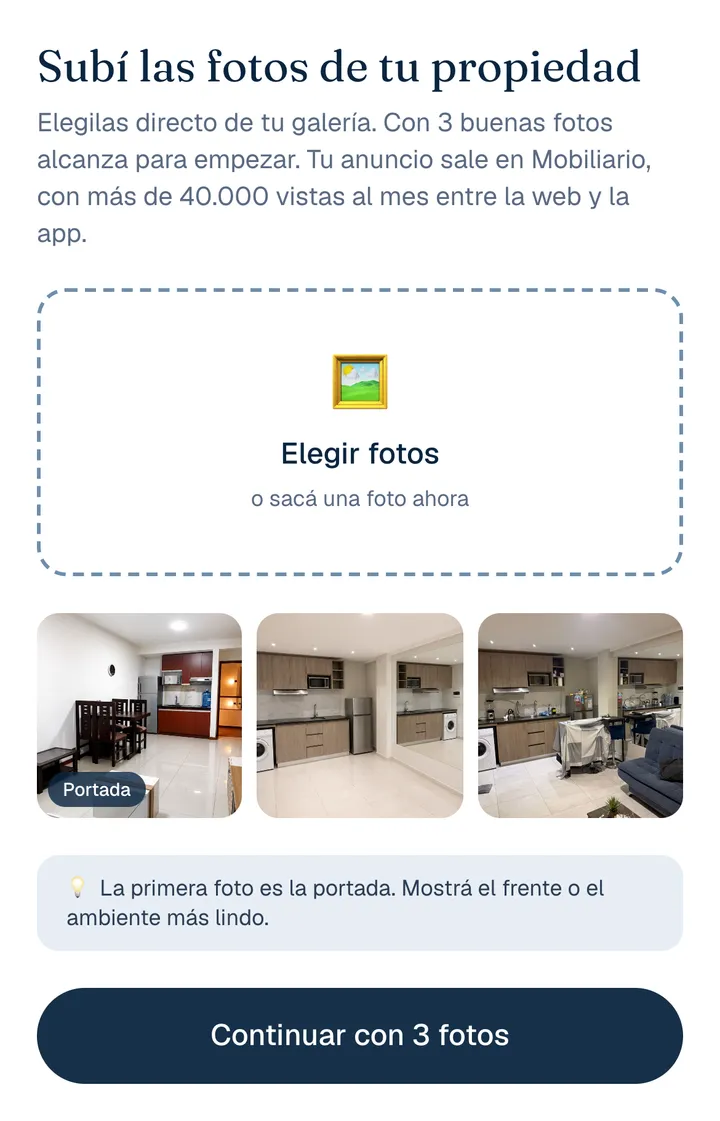 Paso 1 de la publicación rápida: tres fotos de un departamento elegidas, la primera marcada como Portada, y el botón Continuar con 3 fotos.
