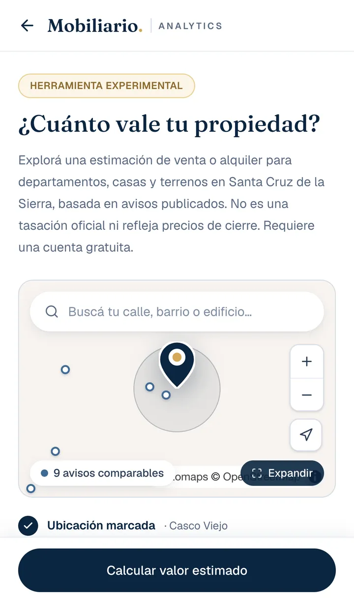 Herramienta ¿Cuánto vale tu propiedad? con el punto marcado en el mapa, 9 avisos comparables alrededor y Ubicación marcada en Casco Viejo.